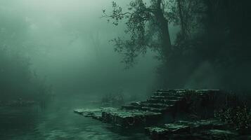 Dark green, misty environment, creating an ominous and atmospheric backdrop for a story filled with mystery and suspense photo