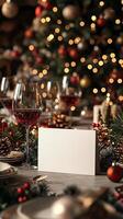 Blank Christmas dinner party card mockup, festive dining scene photo