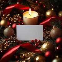 Blank Christmas card mockup, warm and festive ambiance photo
