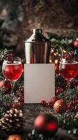 Blank Christmas cocktail bar card mockup, elegant holiday setting photo