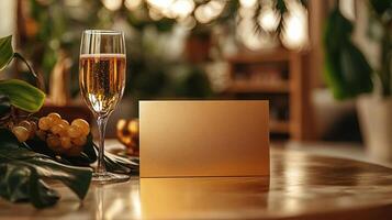 A5 golden card, elegant on table mockup, brunch and bubbly cocktail theme, mockup, flat lay photo