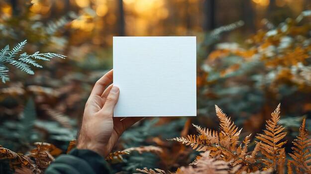 an A5 portrait size greeting card mock up for etsy, clean, cool tone white, forest theme, no hands photo