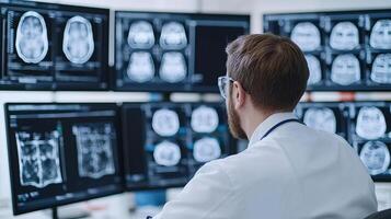 A scientist analyzing complex Xray images on multiple screens, highlighting the intense focus and expertise required in medical research photo