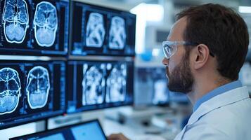 A scientist analyzing complex Xray images on multiple screens, highlighting the intense focus and expertise required in medical research photo