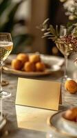 A5 golden card, elegant on table mockup, brunch and bubbly cocktail theme, mockup, flat lay photo
