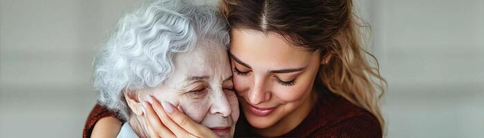 An intimate scene of a daughter tenderly holding her elderly mothers face, capturing the deep bond and love between generations, warm and emotional photo