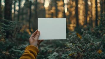 an A5 portrait size greeting card mock up for etsy, clean, cool tone white, forest theme, no hands photo