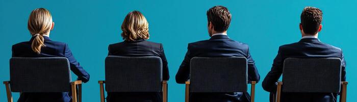 Four business professionals sitting in chairs, viewed from behind, against a gradient blue background, formal attire and a sense of anticipation, corporate and modern photo
