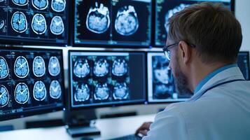 A scientist analyzing complex Xray images on multiple screens, highlighting the intense focus and expertise required in medical research photo