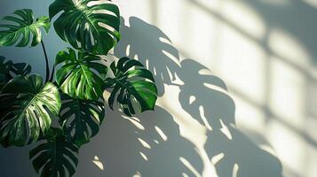Minimalist composition featuring a Monstera plant casting intricate shadows on a white wall, evoking a sense of tranquility and natural beauty photo