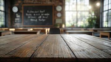 Empty wooden desk in an old-fashioned classroom, blurred background with chalkboard photo