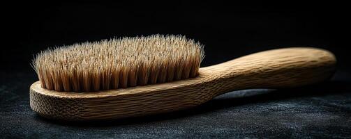 Elegant brush with natural bristles placed on a dark backdrop, highlighting its refined wooden handle, simple yet sophisticated photo