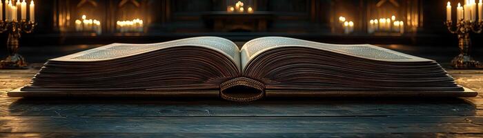 Empty pages of a large book on a stand, surrounded by candlelight in a dark, elegant room, creating a serene and contemplative mood, timeless and inviting photo