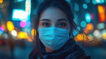 Focused shot of a woman in a mask, surrounded by the glowing cityscape, highlighting themes of urban life and protection photo