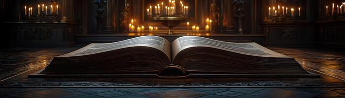 Empty pages of a large book on a stand, surrounded by candlelight in a dark, elegant room photo