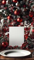 Blank Christmas dinner party card mockup, festive dining scene photo