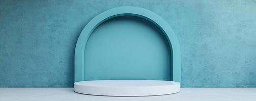 Abstract minimalist scene with a blue arch and circular platform, creating a serene and modern visual aesthetic photo