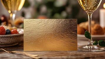 A5 golden card, elegant on table mockup, brunch and bubbly cocktail theme, mockup, flat lay photo