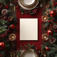 Blank Christmas dinner party card mockup, cheerful dining setup photo