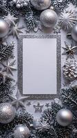 Blank silver glitter theme Christmas card mockup, shimmering holiday decor photo