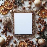 Blank rustic Christmas card mockup, natural holiday elements photo