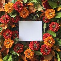Vibrant arrangement of red and orange flowers with a blank card in the center on a white isolated background. photo
