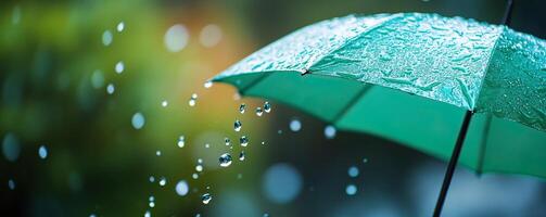 Green umbrella in the rain with droplets, creating a vibrant and refreshing atmosphere. photo
