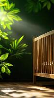 Gentle sunlight illuminating a wooden crib surrounded by lush green leaves, creating a serene nursery atmosphere. photo