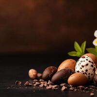 Chocolate eggs with decorative elements on a dark textured background. photo