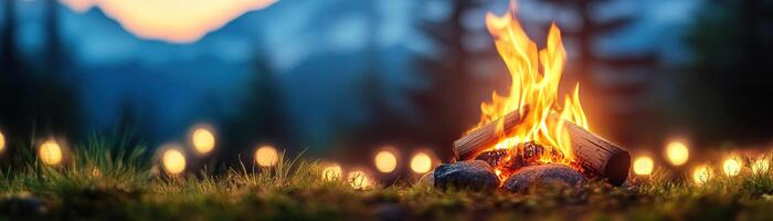 Campfire glowing at dusk with fairy lights in the background, creating a cozy atmosphere. photo