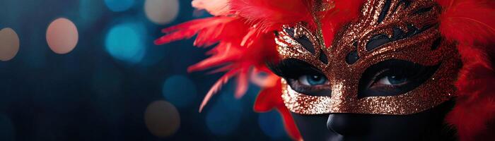 Close-up of an extravagant mask adorned with vibrant feathers and intricate details, set against a blurred background. photo