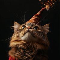 A cheerful cat wearing a festive party hat looking up with sparkling lights in a dark background. photo