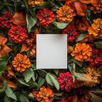 Floral arrangement with vibrant orange and red flowers, blank card in the center, green foliage around. photo