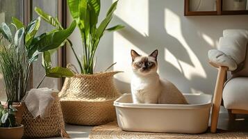 A serene cat resting in a cozy home environment with plants, basking in sunlight, creating a warm and inviting atmosphere. photo