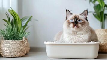 A fluffy cat sits in a litter box, surrounded by greenery, creating a serene indoor vibe. photo