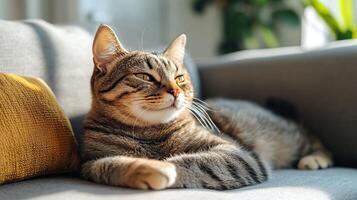 A relaxed tabby cat lounging on a cozy couch, basking in sunlight with a peaceful expression. photo
