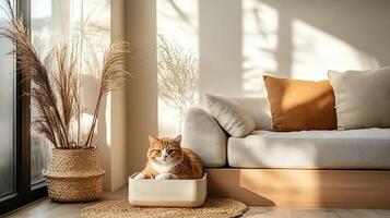 A cozy living room featuring a cat lounging in a box, surrounded by stylish decor and natural light streaming through the windows. photo