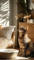 A serene cat sits in a sunlit room, surrounded by cozy furniture and soft textures, with shadows casting gentle patterns on the floor. photo