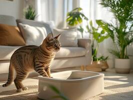 A cat stands near its litter box in a bright, airy living space filled with plants and natural light. photo