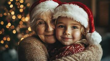 A heartwarming holiday scene featuring a grandmother and her grandchild, both wearing festive hats, embracing with joy in front of a Christmas tree. photo
