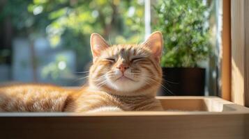 A joyful ginger cat lounging in sunlight, relaxing peacefully in a warm wooden space surrounded by greenery. photo
