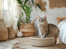 A curious cat stands near a beige bowl in a cozy, plant-filled room adorned with natural textures and soft light. photo