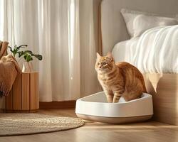 A cozy, sunlit room features an orange cat perched in a modern cat bed, surrounded by soft textures and warm decor elements. photo