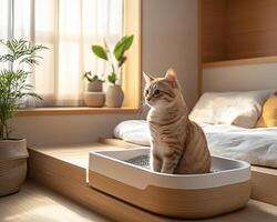 A cozy cat sits in a modern litter box, surrounded by plants, in a stylish, well-lit room with soft furnishings. photo