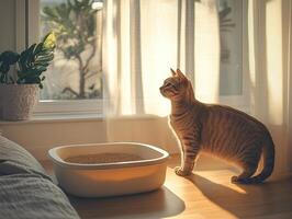 A serene tabby cat stands by a sunlight-drenched window, poised next to its food bowl, with a plant in the background. photo