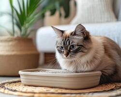 A serene cat curiously interacts with a litter box, set in a cozy, stylish home environment filled with greenery. photo