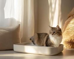 A cozy cat relaxes in a litter box, surrounded by soft textiles and natural light, creating a serene and inviting atmosphere. photo