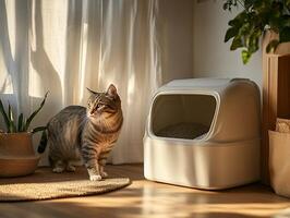 A cat explores a sunlit room next to a litter box, surrounded by plants and natural light, creating a cozy and inviting atmosphere. photo