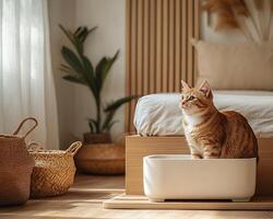 A cozy interior scene features a ginger cat sitting in a modern, white container, surrounded by natural decor and soft lighting. photo