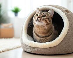 A cozy cat nestled inside a soft pet bed, gazing curiously, with sunlight filtering through a nearby window. photo
